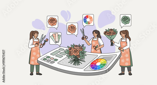 Three Women Creating Floral Arrangements with Color Palettes.