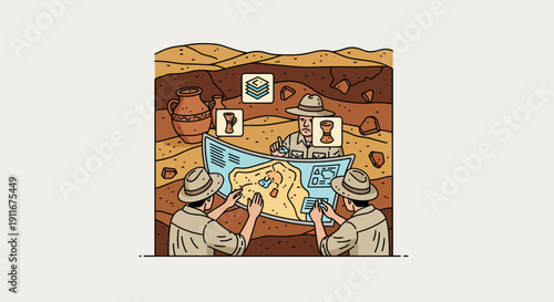 Two Archaeologists Examining Ancient Ruins Map.