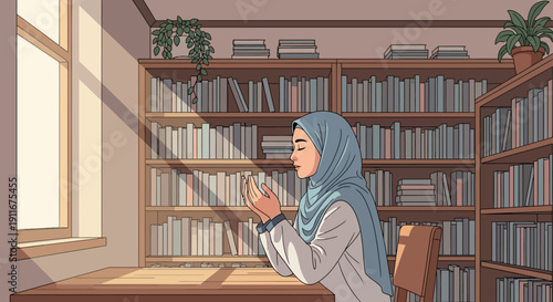 Muslim Woman Praying in Library, Peaceful Solitude, Islamic Devotion, Sunlight Rays