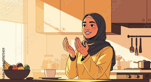 Muslim Woman Praying in Kitchen