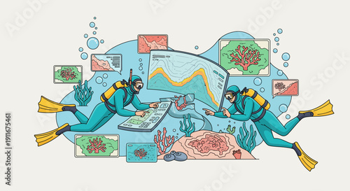 Two Divers Exploring Underwater Digital Data Environment.