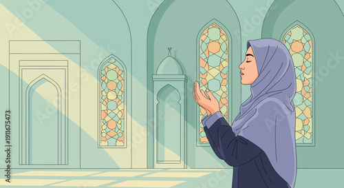 Muslim Woman Praying in Mosque with Sunbeams