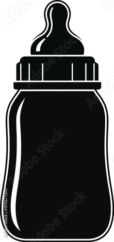 Single black baby bottle silhouette, minimal flat vector illustration of feeding, infant care