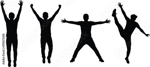 Male fitness silhouette poses, jumping stretching martial arts movements, energetic athlete action, black and white vector illustration, set, collection, sequence