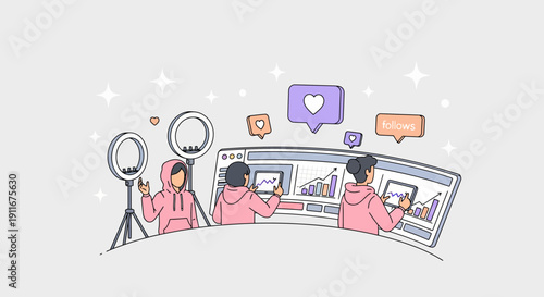 Young woman creating live video content with ring light.