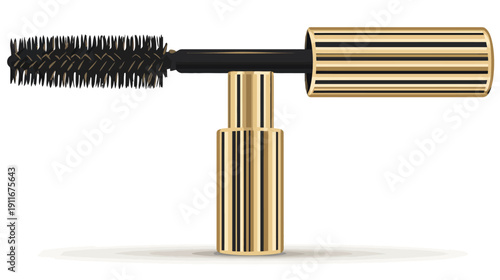 A golden, striped mascara tube with a black and brown bristled applicator, isolated on white
