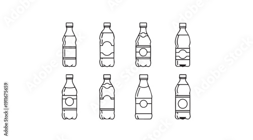 Set of eight outline water bottles with various label designs, isolated on white background