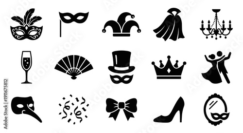 Masquerade Ball and Carnival Party Black Icon Set