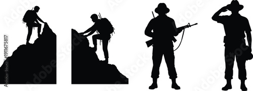 Military ranger silhouettes, soldiers climbing cliffs and standing guard with rifles, tactical patrol mission, mountain warfare, isolated black illustration