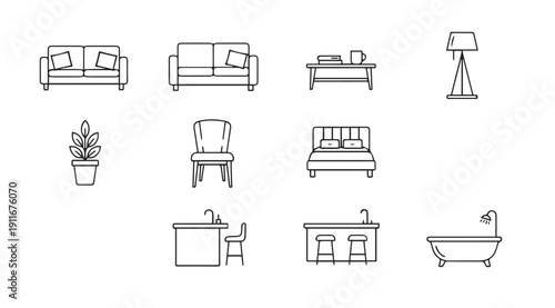 Set of line art icons for home interior furniture and decor elements