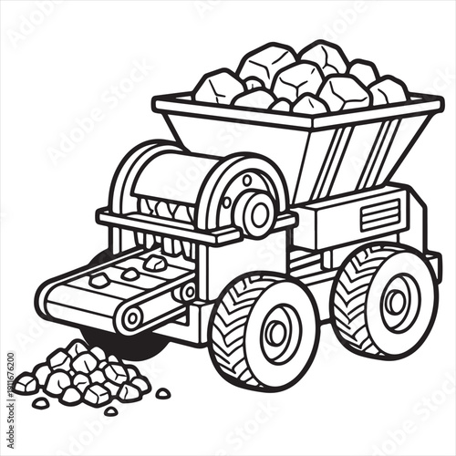 Mobile Rock Crusher Coloring Page – Aggregate Screening Machine Line Drawing for Kids and Education