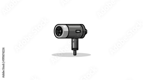 A simple, flat illustration of a hair dryer in shades of gray, casting a subtle shadow