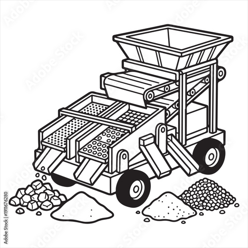 Mobile Rock Crusher Coloring Page – Aggregate Screening Machine Line Drawing for Kids and Education
