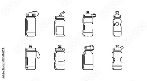 Set of Outline Icons for Water Bottles and Sports Bottles
