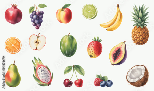 Natural fruit set painted in elegant watercolor style.  Watercolor mixed fruits, summer fruits collection.