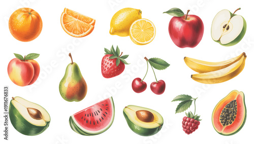 Natural fruit set painted in elegant watercolor style.  Watercolor mixed fruits, summer fruits collection.