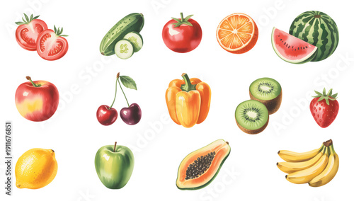 Natural fruit set painted in elegant watercolor style.  Watercolor mixed fruits, summer fruits collection.