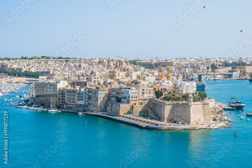 Aerial view to Senglea its architecture and walls of the Gardjola Gardens and bastion, Valletta MALTA