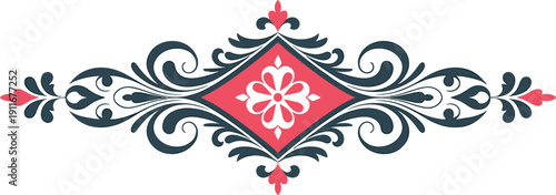 Ornate decorative flourish with floral elements in coral and navy blue Keywords: decorative, flourish, ornate, scroll, swirl