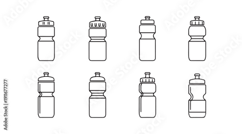 Set of Water Bottle Icons, Sports Drink Containers, Line Art Collection