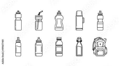 Set of Water Bottles and Backpack Icons, Minimalist Line Art, Clean Design