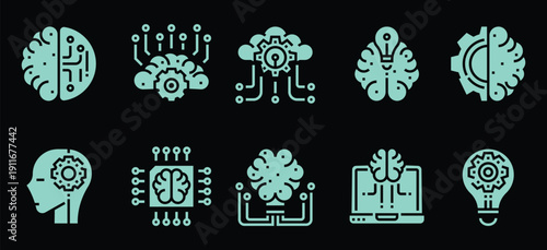 Artificial intelligence and machine learning concept icons set