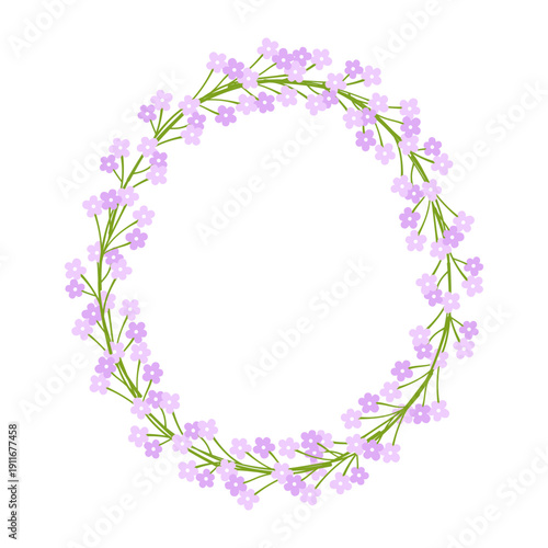 Сute floral wreath with small purple flowers and green stems. Lavender forget me not oval frame for wedding invitations, romantic cards, spring and summer designs. Botanical flat vector illustration.