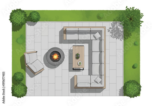 Modern Outdoor Living Space Furnished With A Large Sectional Sofa Round Fire Pit Coffee Table And Single Chair View From Above furniture icons top
