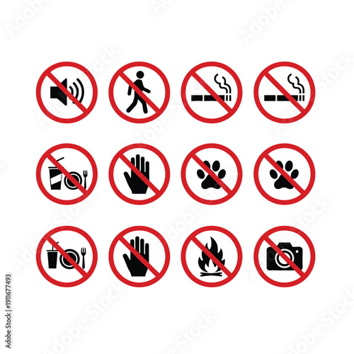 Set of red vector icons including no smoking, no parking, and forbidden symbols for cigarette, fire, dog, and car prohibited signs Free Download Set of red vector icons including no smoking, no parking, and forbidden symbols for cigarette, fire, dog, and car prohibited signs - GFXLoad