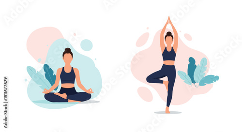 Healthy women practicing different yoga postures including meditation and tree pose for physical fitness and mental well-being.
