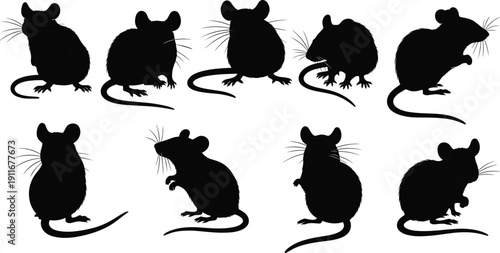 Black mouse silhouette vector set featuring various rodent poses isolated on white background, perfect for pest control icons, laboratory research graphics, and animal illustrations.