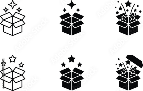 Open gift box surprise icons set with stars sparkle and magic explosion effects