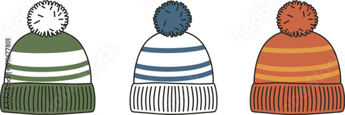 Three knitted winter beanies with pom-poms in green blue and orange wool