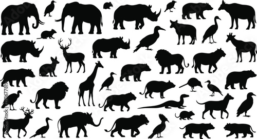 Collection of diverse animal silhouettes featuring elephants, lions, giraffes, birds, reptiles, and wildlife species in black vector design for education, identification, and creative projects