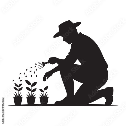 Gardener planting seeds into pots with a cultivator tool, nurturing young plants in a serene gardening scene with care and attention to detail daily.