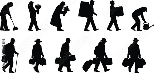 Mega black silhouette collection featuring corporate business professionals musicians with instruments cheering crowds children playing and diverse people waiting in line isolated on white background