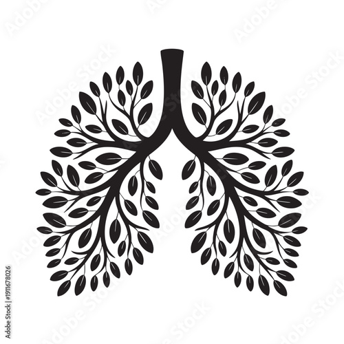 Stylized black silhouette of human lungs with branching airways resembling a tree against a white background