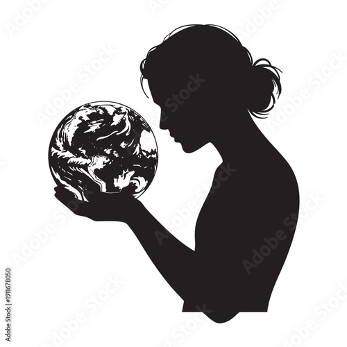 Woman Holding Earth Globe Silhouette