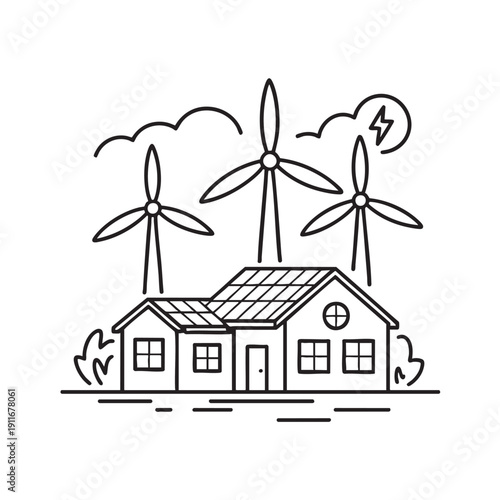 House with solar panels on roof powered by wind turbines generating clean renewable energy for sustainable living