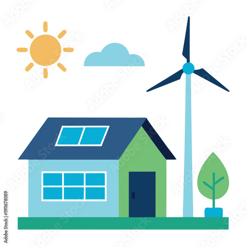 A solar powered home with a wind turbine beside 