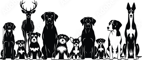 Silhouettes of dogs sitting in a row with a deer among them, showcasing diverse breeds and humorous contrast in black vector design for creative projects
