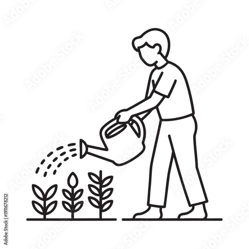Person gently watering young plants with a watering can showcasing gentle gardening care and nurturing growth in a simple line drawing