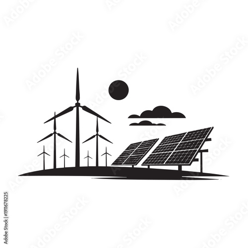 Renewable energy landscape featuring wind turbines and solar panels generating sustainable power.