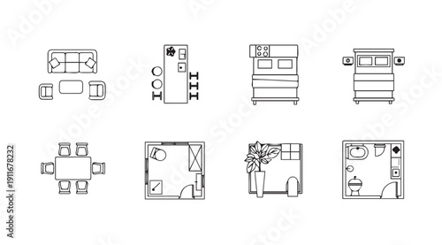 Top View Floor Plan Icons: Furniture Layouts for Interior Design Concepts