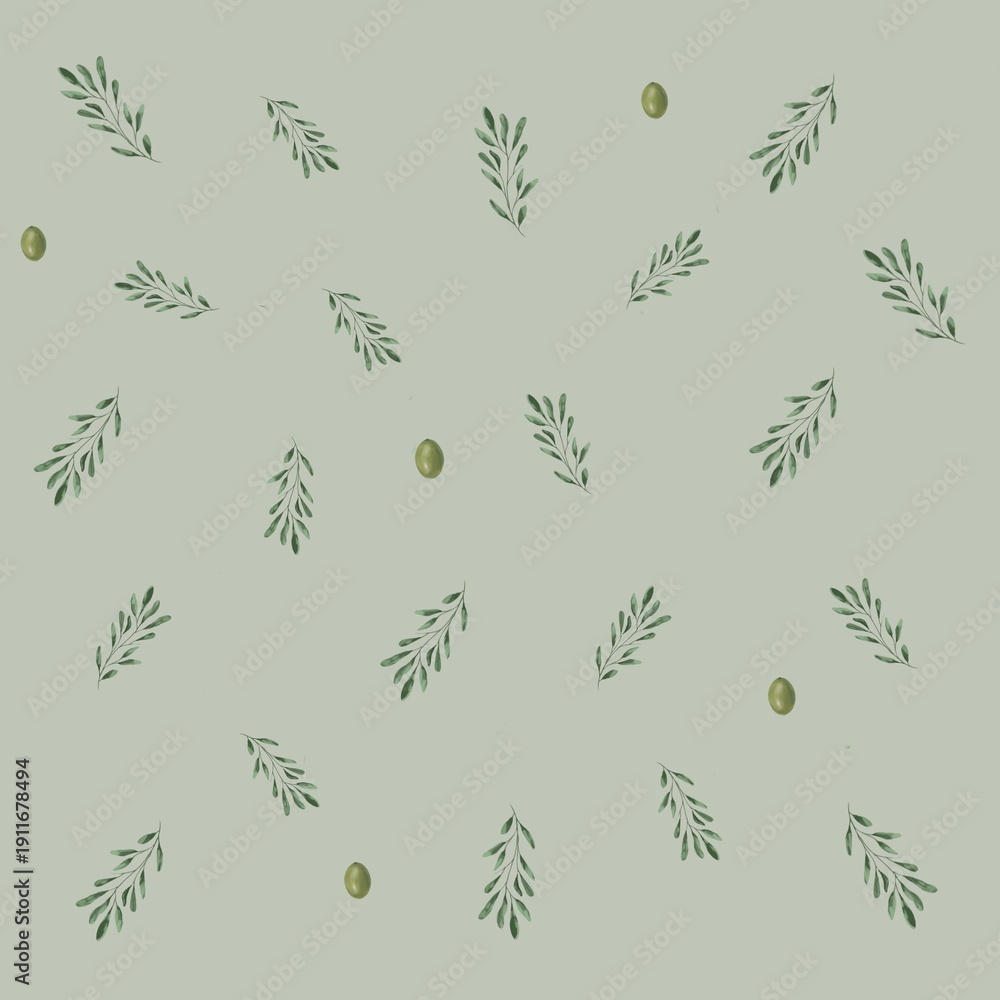Fototapeta premium Seamless Olive Pattern with Green Leaves and Olives on Light Green Background