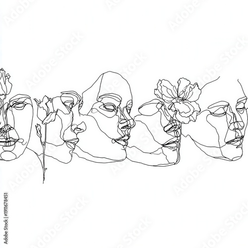 Line drawing of multiple faces with flowers showing different expressions and features in a simple design on a white background