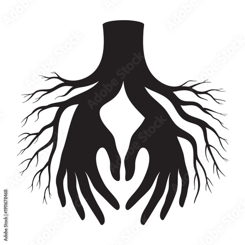 Hands reaching out with tree roots and branches symbolizing connection to nature and the environment in a creative design