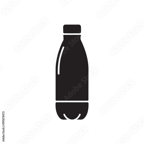 Simple black and white graphic illustration of a bottle with a cap on a white background representing packaging design