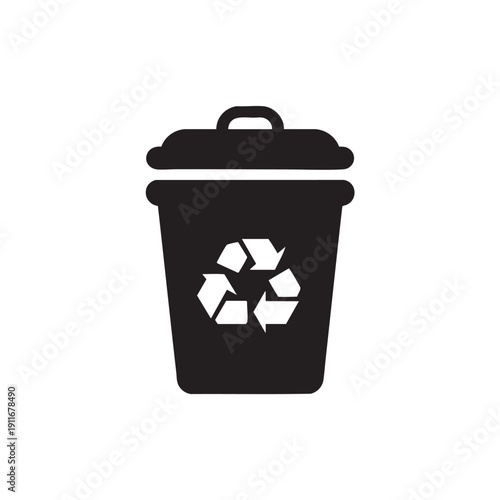 Simple black and white recycling bin icon with the universal recycling symbol on a plain white background
