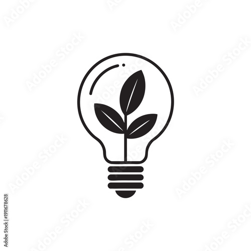 Simple black and white illustration of a lightbulb with a plant inside symbolizing eco friendly ideas and sustainable energy solutions effectively.